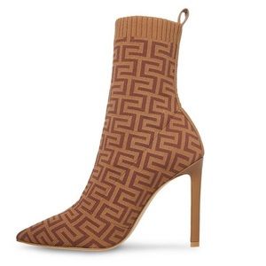 STEVE MADDEN DIANI STILETTO KNIT MID CALF GEOMETRIC SOCK BOOTS TAN BROWN SZ 9M